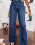 Jeans a vita alta con tasche e gamba larga blu vela
