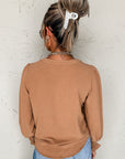 Straw Yellow Solid Color Shirred Cuff Notch V Neck Blouse