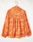 Orange Abstract Print Collared V Neck Babydoll Blouse
