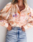 White Floral Print Collared Balloon Sleeve Loose Shirt