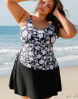Black Plus Size Printed Square Neck Drawstring Ruffled Tankini Set - Toi ‘n’ Moi Ltd