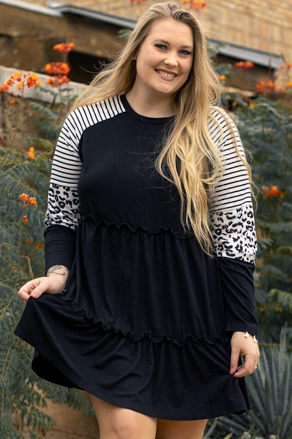 Black Plus Size Striped Leopard Patch Sleeve Ruffle Tiered Dress - Toi ‘n’ Moi Ltd