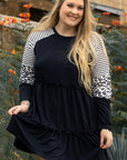 Black Plus Size Striped Leopard Patch Sleeve Ruffle Tiered Dress - Toi ‘n’ Moi Ltd