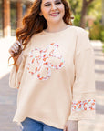 Beige Plus Size Flower Patched Side Slits Crewneck Top - Toi ‘n’ Moi Ltd