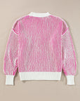 Bright Pink Striped Textured Knit Contrast Edge Loose Sweater - Toi ‘n’ Moi Ltd
