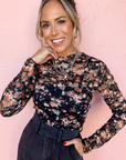 Black Floral Mesh Sheer Long Sleeve Top - Toi ‘n’ Moi Ltd