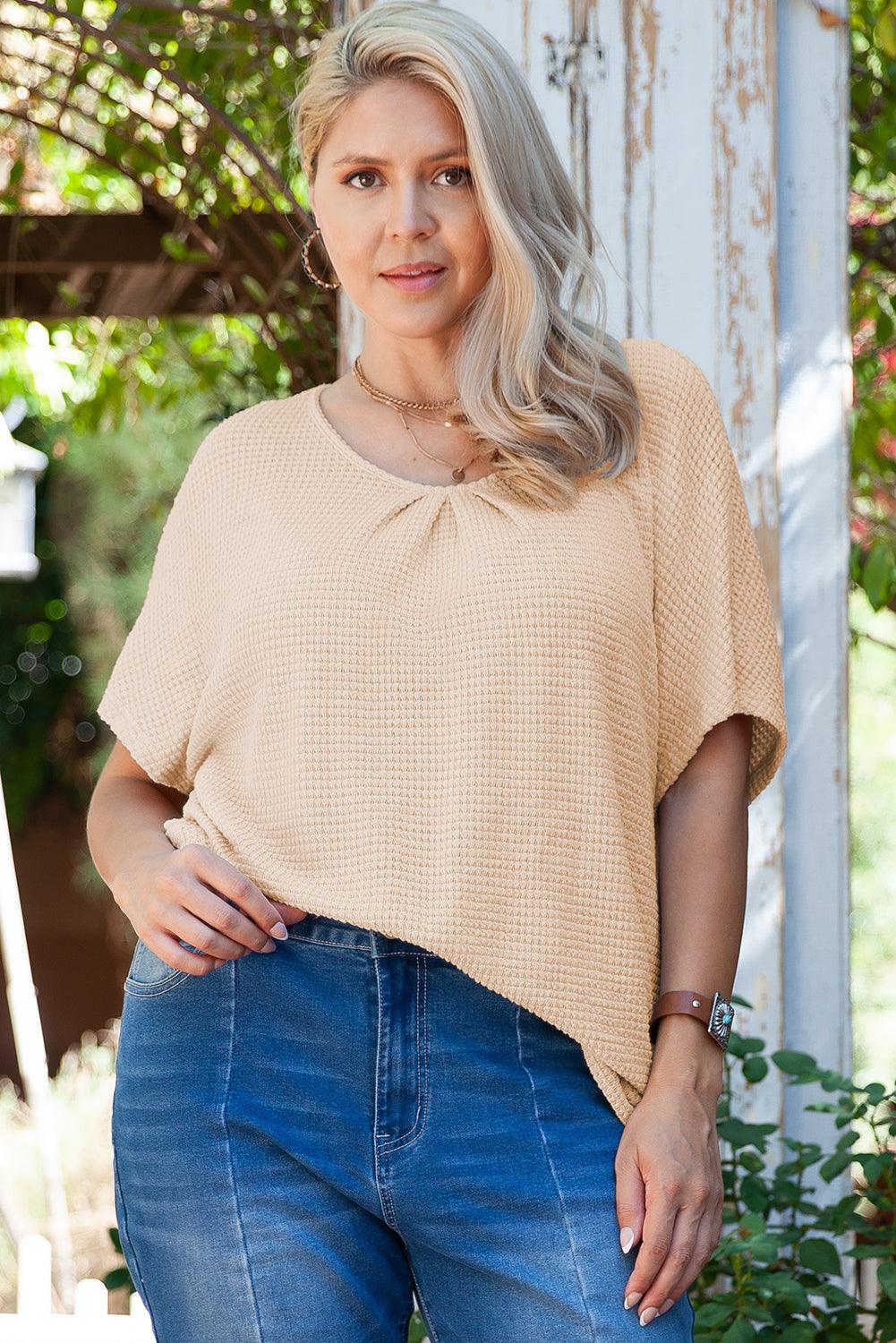 Beige Guipure Lace Insert Textured Plus Size Tee - Toi ‘n’ Moi Ltd