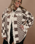 Brown Color Block Checkered Print Corduroy Plus Size Shacket - Toi ‘n’ Moi Ltd