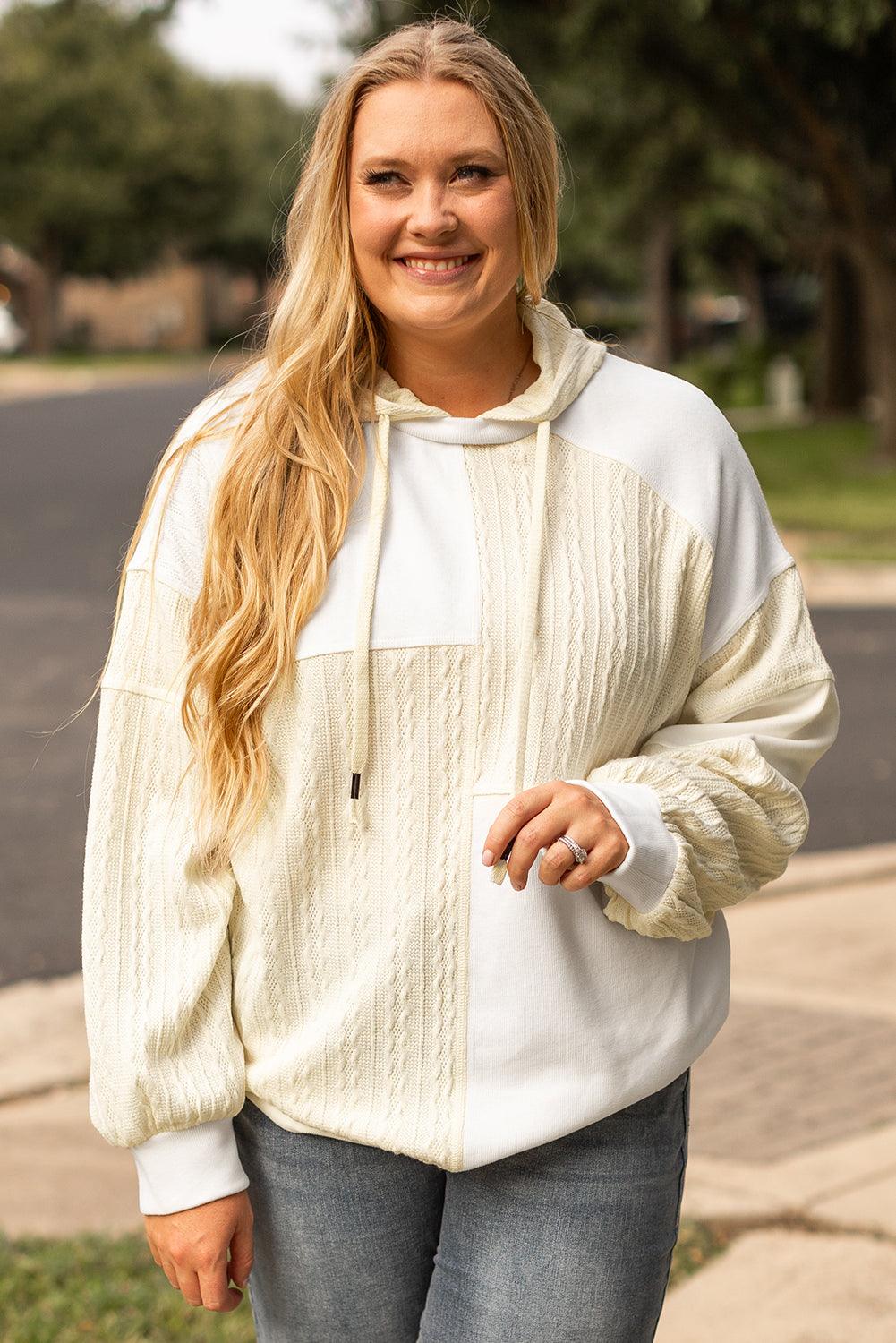 Beige Textured Patchwork Exposed Seam Plus Size Hoodie - Toi ‘n’ Moi Ltd