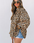 Light French Beige Oversized Leopard Print Balloon Sleeve Casual Shirt