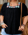 Black Floral Crochet Square Neck Ruffled Short Sleeve Flowy Plus Size Top - Toi ‘n’ Moi Ltd