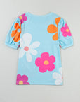T-shirt à manches bouffantes et imprimé fleuri bleu ciel