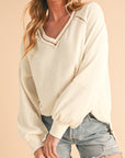 Beige Exposed Seam Crinkle Rib V Neck Pullover Top - Toi ‘n’ Moi Ltd