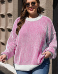 Bright Pink Striped Textured Knit Contrast Edge Loose Sweater - Toi ‘n’ Moi Ltd