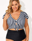Black Stripe Plus Size Knot Cutout Ruffle Sleeve and High Waisted 2pcs Swimsuit - Toi ‘n’ Moi Ltd