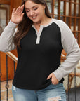 Black Color Contrast Waffle Knit Buttoned Plus Size Top - Toi ‘n’ Moi Ltd