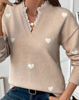 Pull de Saint-Valentin à col en V et dentelle à imprimé cœur gris fumé