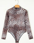 Brown Allover Leopard Print Smocked Neck Mesh Bodysuit - Toi ‘n’ Moi Ltd