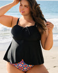 Black Drawstring Tied Front Flared Top Geometric Print Bottom Plus Size Tankinis - Toi ‘n’ Moi Ltd