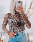 Brown Allover Leopard Print Smocked Neck Mesh Bodysuit - Toi ‘n’ Moi Ltd