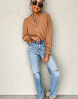Straw Yellow Solid Color Shirred Cuff Notch V Neck Blouse