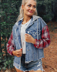 Beau Blue Plaid Print Patchwork Hooded Raw Hem Denim Jacket - Toi ‘n’ Moi Ltd