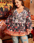 Black Plus Size Paisley Floral Print V Neck Bubble Sleeve Blouse - Toi ‘n’ Moi Ltd