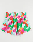 Green Abstract Print Smock Waist Casual Shorts
