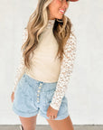 Beige Floral Lace Patchwork Long Sleeve High Neck Slim Top - Toi ‘n’ Moi Ltd