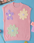 Pull à manches courtes en tricot à fleurs crochetées multicolores rose
