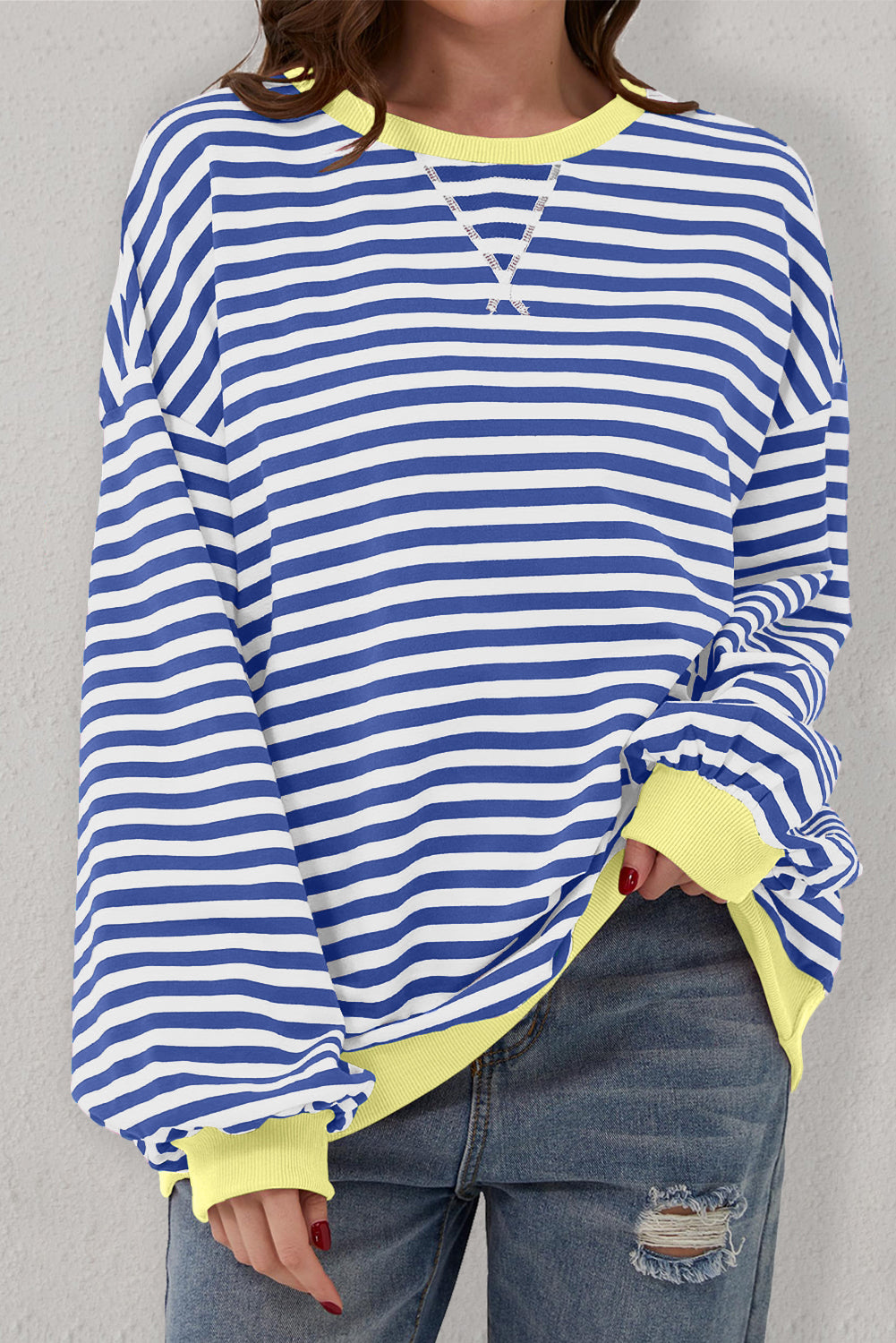 Blue Stripe Oversized Contrast Trim Pullover Sweatshirt - Toi ‘n’ Moi Ltd