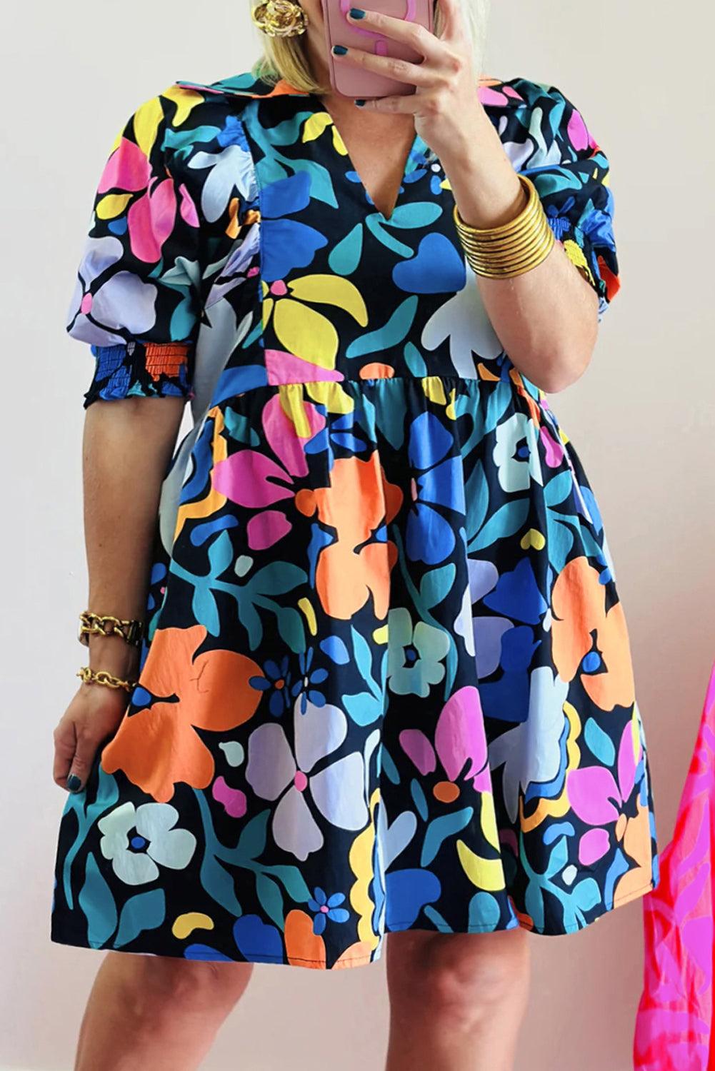 Blue Split Neck Collared Plus Floral Dress - Toi ‘n’ Moi Ltd