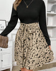 Black Ribbed Knit Patchwork Printed Belted A-line Dress - Toi ‘n’ Moi Ltd