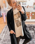 Black Solid Color Open Front Cardigan with Pocket - Toi ‘n’ Moi Ltd