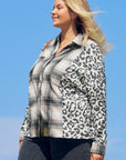 Black Plus Size Plaid Leopard Printed Patchwork Button Up Shacket - Toi ‘n’ Moi Ltd