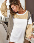 Khaki Exposed Seam Color Block Patchwork Top