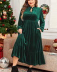 Blackish Green Velvet Frilled up Neck Ruffled High Waist Plus Size Midi Dress - Toi ‘n’ Moi Ltd