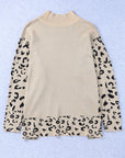 Pull oversize kaki à col montant et fente latérale à imprimé léopard