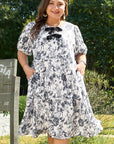 Black Floral Print Bow Detail Puff Sleeve Plus Size Midi Dress - Toi ‘n’ Moi Ltd