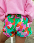 Green Abstract Print Smock Waist Casual Shorts