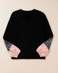 Black Floral Patchwork Textured Knit Drawstring V Neck Blouse - Toi ‘n’ Moi Ltd