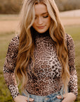 Brown Allover Leopard Print Smocked Neck Mesh Bodysuit - Toi ‘n’ Moi Ltd