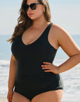 Black Solid Color U Neck Padded Plus Size One Piece Swimsuit - Toi ‘n’ Moi Ltd