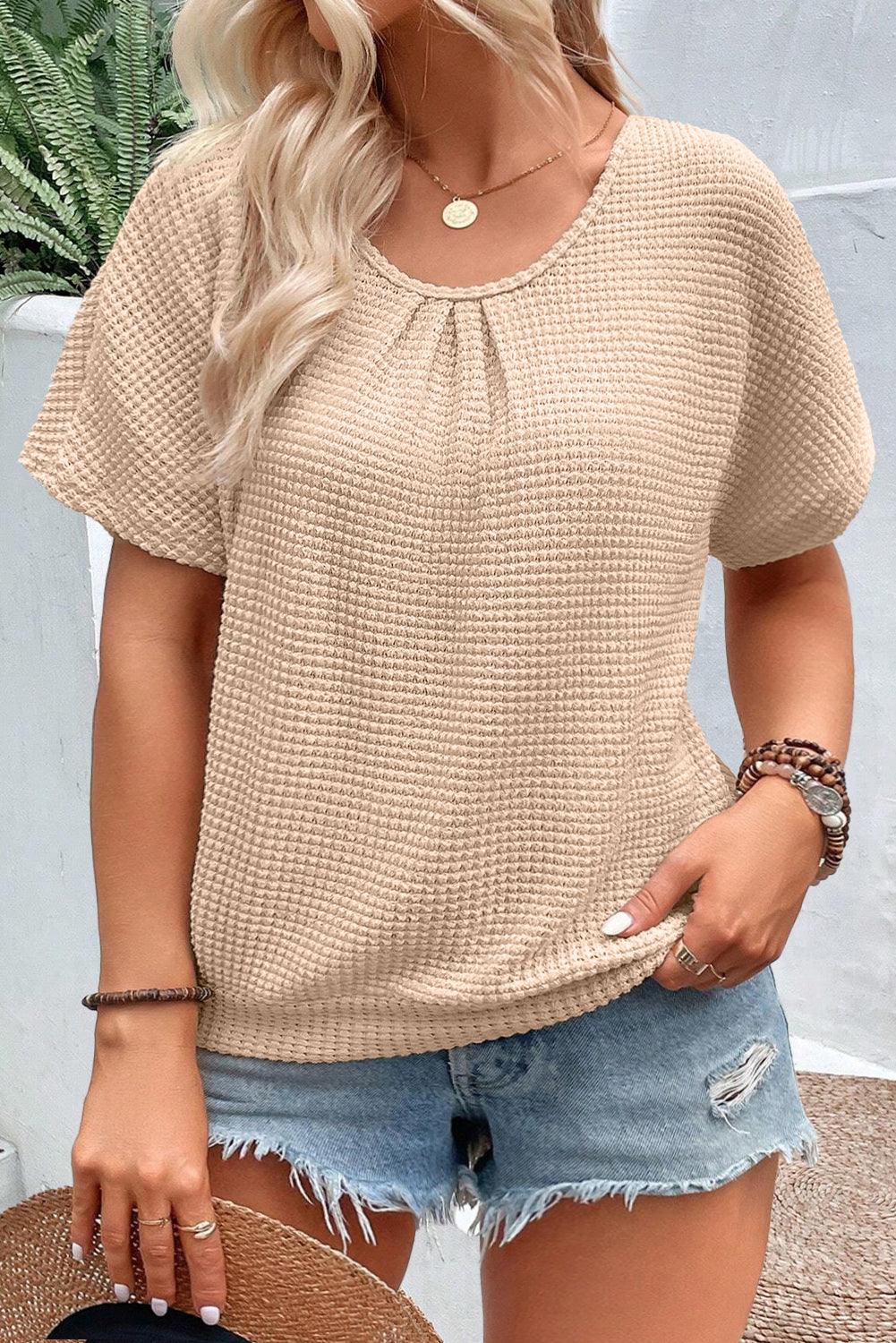 Beige Guipure Lace Insert Textured Plus Size Tee - Toi ‘n’ Moi Ltd