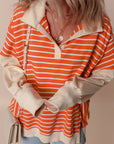 Orange Stripe Color Block Loose Fit Collared Drop Shoulder Sweatshirt
