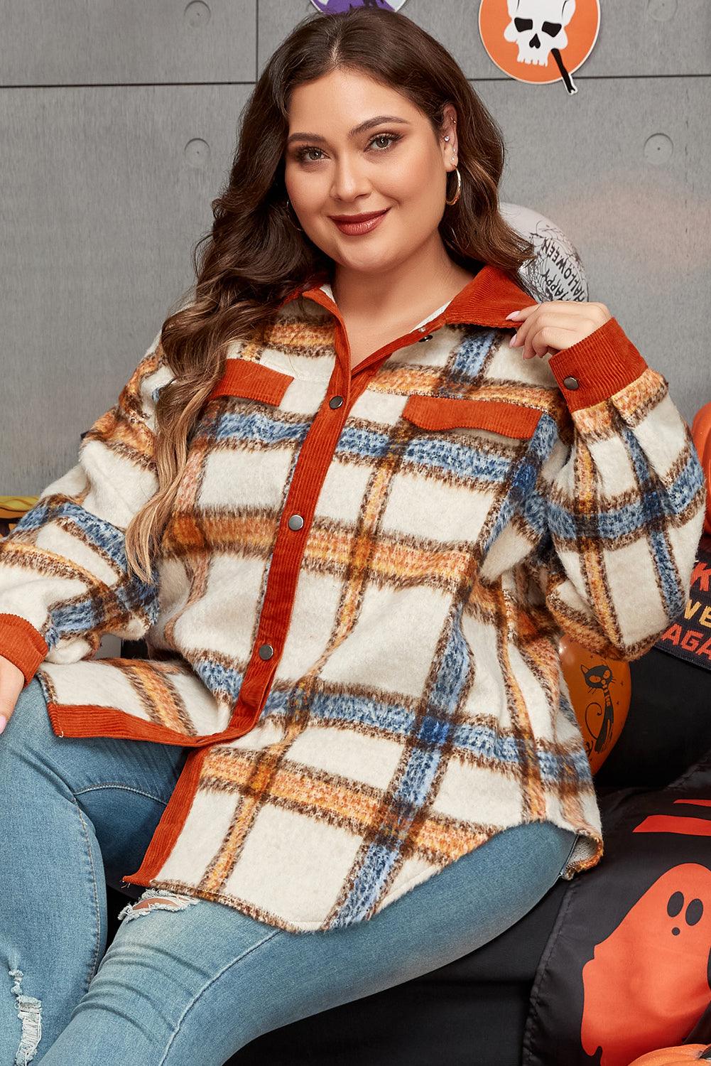 Brown Stripe Plus Size Plaid Print Collared Buttoned Jacket - Toi ‘n’ Moi Ltd