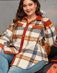 Brown Stripe Plus Size Plaid Print Collared Buttoned Jacket - Toi ‘n’ Moi Ltd