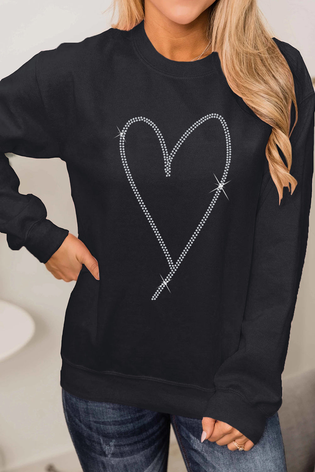 Black Rhinestone Heart Pattern Valentines Fashion Sweatshirt - Toi ‘n’ Moi Ltd