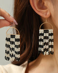 Black Checkered Beaded Tassel Bohemian Hoop Earrings - Toi ‘n’ Moi Ltd