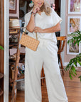 Beige Plus Size Textured Collared Top and Pants Set - Toi ‘n’ Moi Ltd